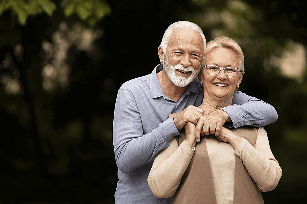 casal de idosos sorrindo com implante dentário