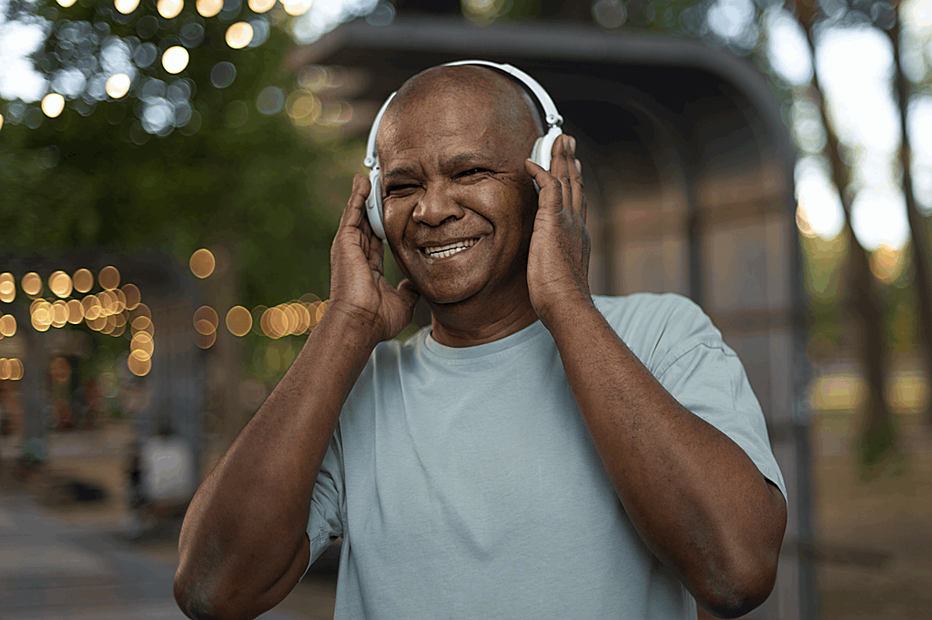 homem idoso ouve musica e sorri com implante dentário em headphone ao ar livre