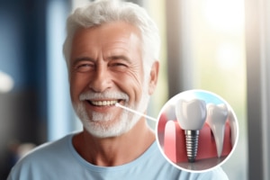 homem idoso sorrindo enquanto ilustracao mostra que ele tem m implante dentario